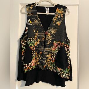 VTG Yasuko 100% Kimono Silk Patterned Vest Tank Gold Black Made in USA